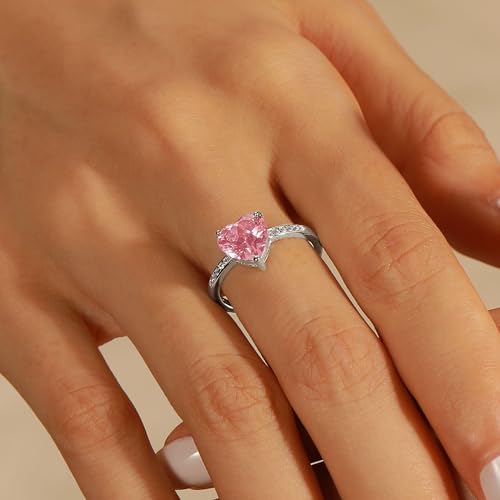 Dainty 925 Sterling Silver Pink Heart Promise Ring for Women Mother Heart Shaped Pink Cubic Zirconia Statement Ring to Daughter Eternity Engagement Rings Band Purity Ring Ladies Wedding Jewelry Gift3
