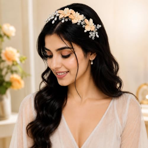 Image of Samyak Pearl & Crystal Hair Band Accessories For Women & Girls, Stylish Tiara Headband For Wedding Party Juda Bun Fashion For Bridal Hair Decoration Accessory