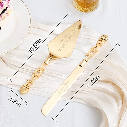 Wedding Cake Knife And Server Set, Personalized Gold Cake Cutting Set For Wedding, Engraved Classic Cake Knives Cutter Set, Pie Pastry Server, Birthday Bridal Quinceañera Gift (Cus-Love) #TOP5