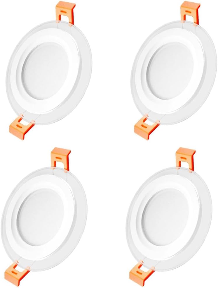 Dimmable Recessed Lamp, LED Ceiling Light Fixture, 6W Round Home Lighting Fixtures, Glass Mask Ceiling Panel Light for Indoor, Outdoor, Porch, Kitchen, Bedroom, Hallway 4 Pack