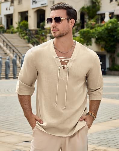 Men's Fashion Shirt Short Sleeve Beach V-Neck Drawstring Printing Yoga African Summer Top