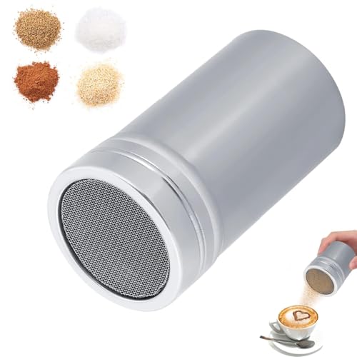 Espolvoreador Cacao con Malla Tapa, Espolvoreador de Acero Inoxidable, Espolvoreador de Cacao Chocolate, Latas de Polvo con Malla para el café Capuchino Latté(M)
