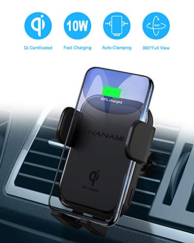 NANAMI Wireless Car Charger, Qi 10W 7.5W Fast Car Phone Mount Holder Air Vent Auto Clamping Compatible with iPhone 11/11 Pro/X/XS Max/XR/8/8 Plus Samsung S10/S10+/S9/S9+/Note 10/S8/S7/Note 5/S6 Edge+