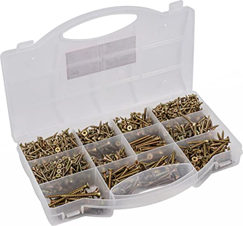 Connex Universalschrauben-Sortiment 900-teilig - Diverse Größen - Senkkopf - PZ Pozidriv-Antrieb - Vollgewinde - Gelb verzinkt / Schrauben-Set / Sortimentskasten / DP8500131