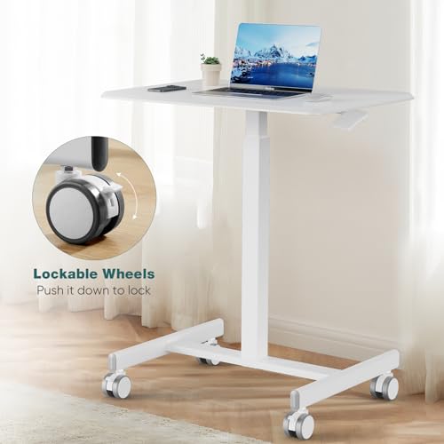 Image of DUMOS Mobile Rolling Desk with Wheels Adjustable Height Small Standing Desks Portable Laptop PC Table Computer Workstation for Home Office Small Space White