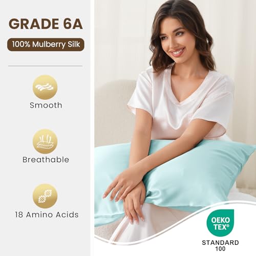 Image of THXSILK Natural 100% Mulberry Silk Pillowcase for Hair and Skin, 25 Momme, Standard Size 20 inchx26 inch Silk Pillow Case, Soft Smooth Cooling Premium Grade 6A+ Silk Pillow Cover with Zipper(Light Blue, 1pc)
