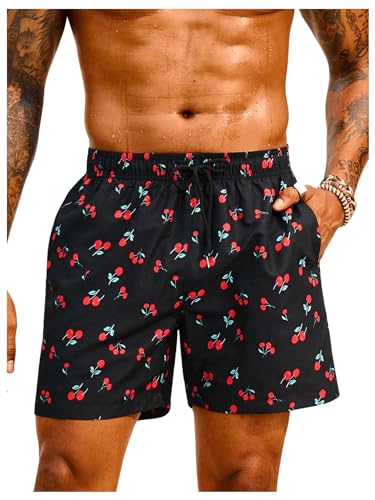 Floerns Men's Swim Trunk Drawstring Waist Cherry Print Quick Dry Beach Shorts