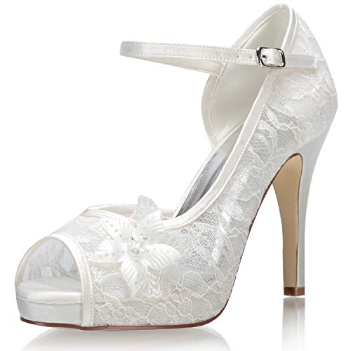 JIAJIA 154814 Women's Bridal Shoes Peep Toe 4.1'' High Heel Lace Satin Pumps Flower Wedding Shoes