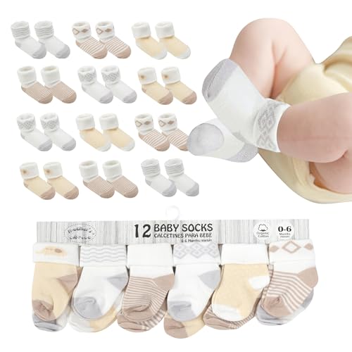 Image of Baby Socks 0-6 Months - 12 Pairs, Organic Cotton Infant Socks, Unisex, Soft & Hypoallergenic Newborn Socks, (US, Age, 0 Months, 6 Months, 12, Brown)