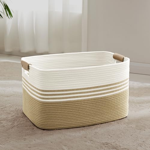 Cesta para la colada trenzada grande de cuerda de algodón, 60 l, cesta de almacenamiento con asas de cuero, cesta para mantas, ropa, juguetes, cesta para la lavandería, para habitación infantil, salón