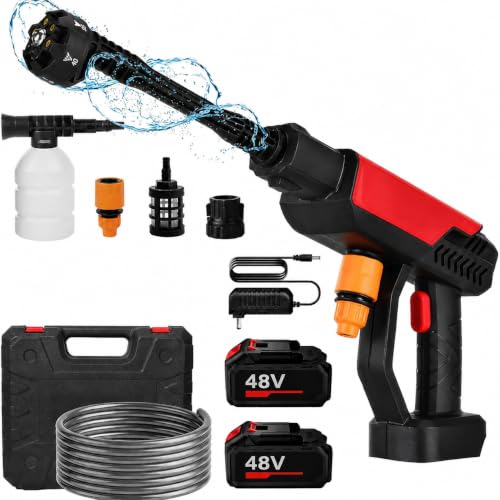 Image of (Double Battery) Cordless Portable Wireless Pressure Washer Gun 48V 12000mAh High Pressure Water Gun for Car Wash & Bikes Cleaning with Adjustable Nozzles & Charger and 5M Hose Pipe