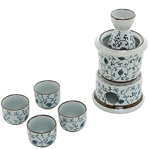 7-Piece Sake Set, Floral Design Ceramic JapanHot Sake Cup Set, with 1 Sake Pot, 4 Sake Cups, 1 Warming Pot, 1 Heating Stove Cups