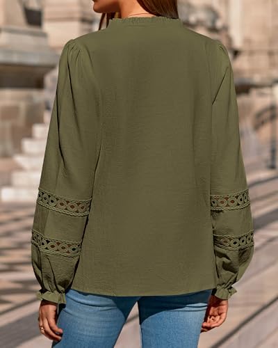 KIRUNDO Going Out Tops for Women 2026 Spring Fashion Boho Cotton Eyelet Long Sleeve Button Up Shirt Lace Dressy Casual Blouse(Army Green, Medium) — view 2