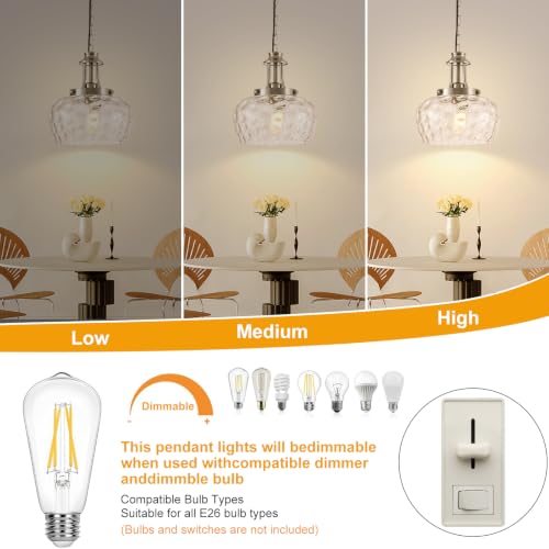 Image of Plug in Pendant Lights Kitchen Island, Modern Brushed Nickel Pendant Light Fixtures with 10 inch Clear Hammered Glass Shade, Industrial Hanging Pendant Lights Fixture for Kitchen Island Dining Room Foyer