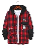 Características: camisa a cuadros para hombre con mangas largas, capucha con cordón, cierre con botones, diseño falso de dos piezas, correas con letras decorativas, blusas holgadas con capucha