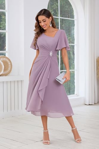 VGZ Tea Length Mother of The Bride Dresses for Wedding Chiffon Ruffle Sleeve Mother of The Groom Dress4