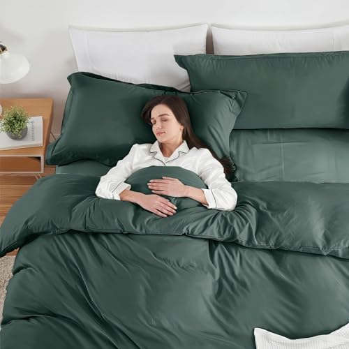 Image of Hearth & Harbor Forest Green Duvet Cover with Fitted Sheet Twin Size | 3 Piece Soft Double Brushed Bedding Set, Button Closure, 1 Duvet Cover 68x90 Inches, 1 Fitted Sheet, 1 Pillow Sham