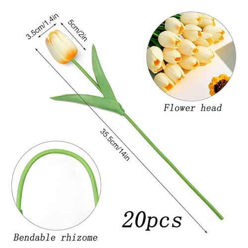 Image of 20Pcs Stems 13.5 Inch Champagne PU Artificial Moisturizing Tulips, Faux Tulips Flowers for Thanksgiving Christmas Decorations Wedding Home Table Vase Floral Arrangements