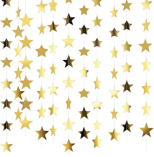 65 Feet Reflective Star Paper Garland,MUNSKT Sparkling Star Bunting Banner For Birthday Holiday Wedding Anniversary Theme Party Supplies,Hanging Decoration Twinkle Little Star Party Garlands(Gold)