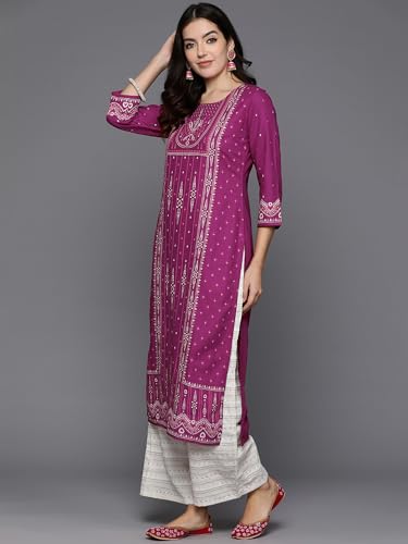 Image of INDO ERA Women Rayon Regular Burgundy Printed Straight Kurtas