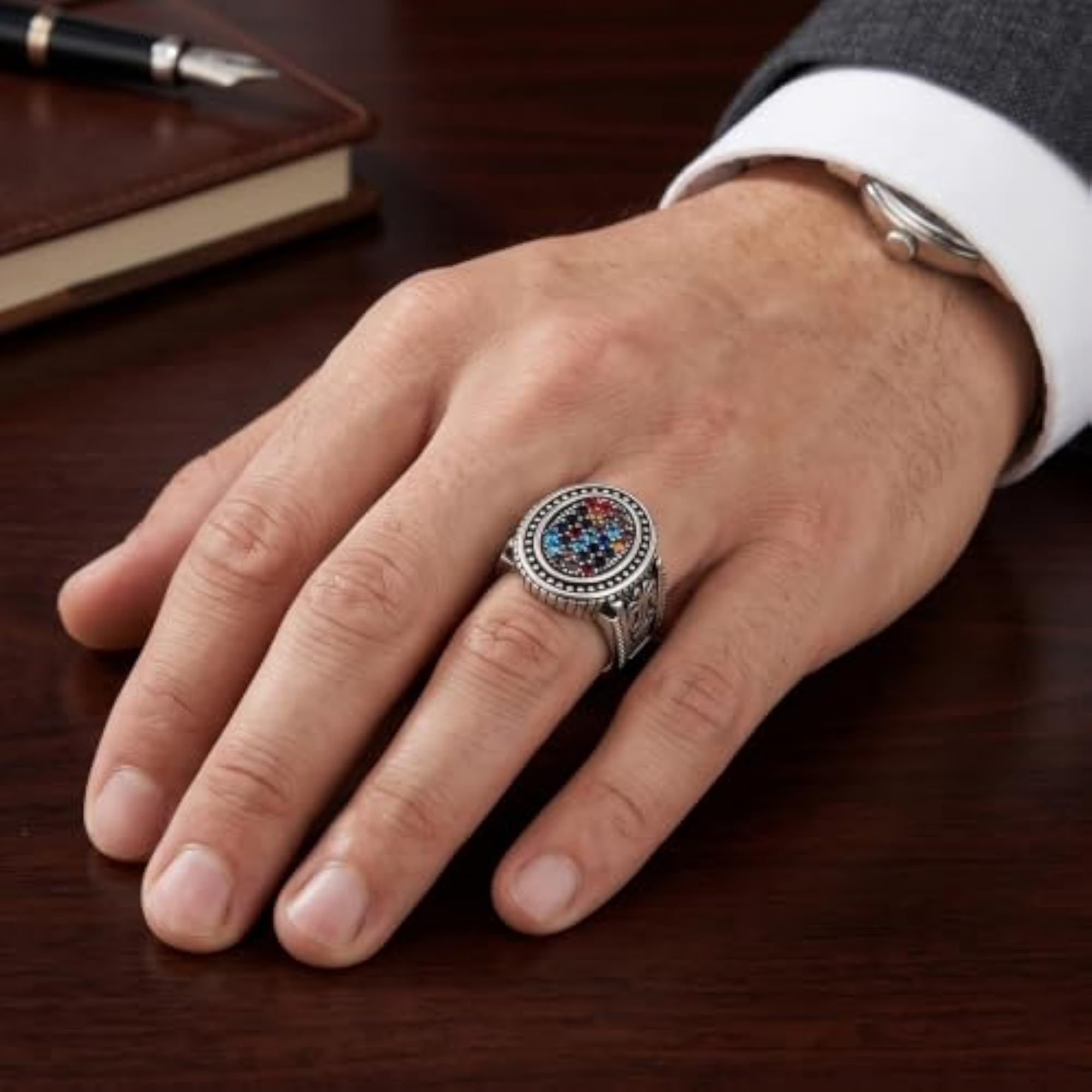 Men's Multicolor CZ Stone Statement Ring, Silver Plated