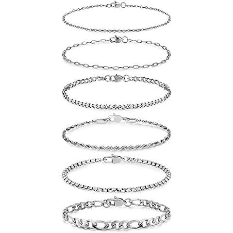 Honsny 6PCS Stainless Steel Chain Bracelets for Women Men Gold/Silver Rope Figaro Bracelet Fashion Paperclip Cuban Link Bracelet Set Size 6.3/7Inch, 7", no gemstone Cover