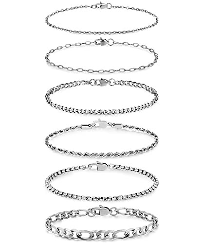 Honsny 6PCS Stainless Steel Bracelets for Women Men,14K Gold Plated Cuban Link Paperclip Chain Bracelet Dainty 6.3/7/7.8/9.5 Inch Stainless Steel Bracelet Set Fashion Jewelry