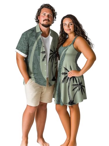 ROSE GAL Matchable Couple Hawaiian Coconut Tree Print Shirt or Plus Size Knee Length Fit and Flare Tank Dress(Women/Green/4X)