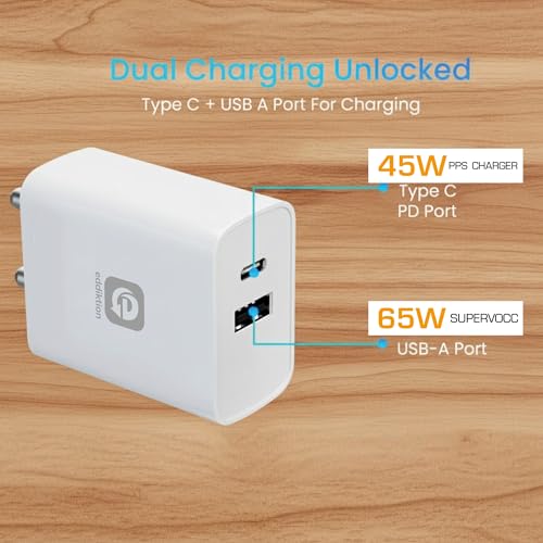 Image of Original 65W Fast Charger Adapter with USB C Cable | Dual Port USB A + Type C PD 3.0 Supports SuperVOOC Fast Charging | Compatible with iPhones, Poco, Samsung & More Androids | White