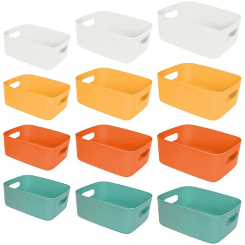 QYONLINE 収納カゴ 白 収納ボックス 小物入れケース ポリプロピレンケース 12個セット 収納バスケット 卓上収納ケース グレー 取っ手付き 小物 整理整頓 キッチン収納 押入れ収納