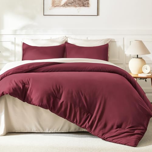 Image of Litanika Burgundy Red Comforter Set Full Size, 3 Pieces Lightweight Solid Bedding Comforter Set, All Season Fluffy Bed Set (79x90In Comforter & 2 Pillowcases)