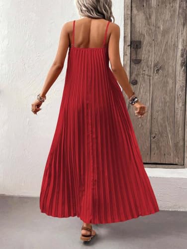 Image of Women's Summer Casual V Neck Sleeveless Strappy Pleated Flowy Loose Maxi Long Beach Dress
