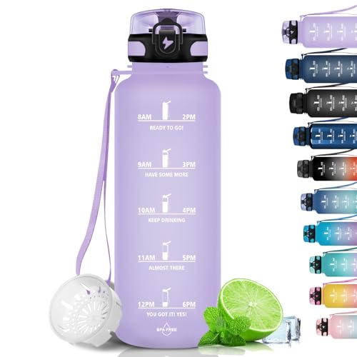Grsta Botella de Agua Deportiva 1500ML - Gimnasio, a Prueba de Fugas y no BPA, Motivacional con Sello de Tiempo para Escuela, Ciclismo, Camping - Morado