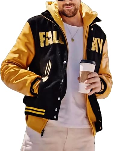 Men's The Fall Ryan Guy Gosling Stuntman 2024 Letterman Black and Yellow Bomber Hooded Varsity Jacket Hood3