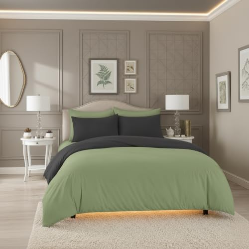 Image of Duvet Cover Double Size Bed (90x95 Inch) 1 Duvet Cover + 4 Pillow Covers with Zipper 600 TC Cotton Reversible Luxurious Quilt, Comforter, Rajai, Blanket Cover (Sage /Dark Grey)
