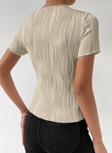 EVALESS Womens Short Sleeve Textured Tops Summer Casual Crewneck Solid Slim Fitted Basic T Shirts Tee Blouses4