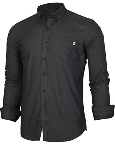 Hombre Camisa Manga Larga de Algodón con Botones y Bolsillo en el Pecho Negro XL Cover