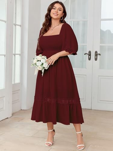 Image of SCOMCHIC Women's Plus Size Boho Maxi Dress Short Sleeve Square Neck Smocked Flowy A-Line Lace Trim Wedding Guest Dresses