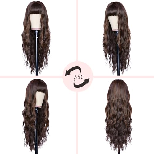 Image of NAYOO Brown Wigs with Bangs for Women,24 Inch Wavy Synthetic Wig | Natural Looking,Beginner Friendly,Heat Resistant Fiber,Ideal for Daily Wear,Parties & Halloween