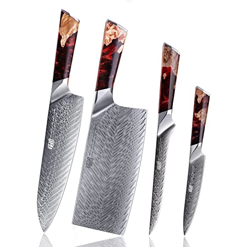 Findking 4Pcs Chefs Knives Set, Versatile And Multisize, Damascus Steel Kitchen Knife Set, Full Tang, For Meat, Vegetable Home (Nebula Series, Red) #TOP20