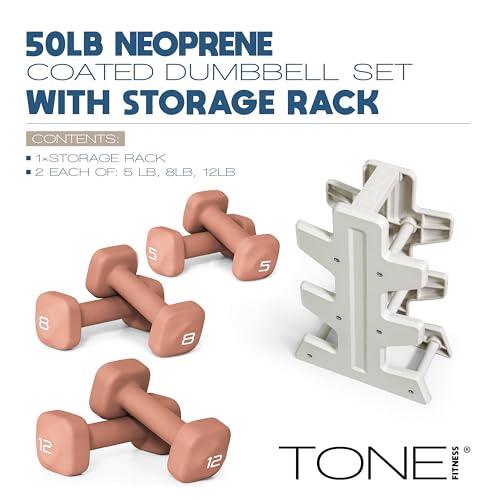 Image of Tone Fitness Neoprene Dumbbell Set with Storage Rack - Non-Slip, Anti-Roll Hand Weights for Home Gym Workouts | 20 lb, 32 lb, 50 lb, 60 lb & 100 lb Options
