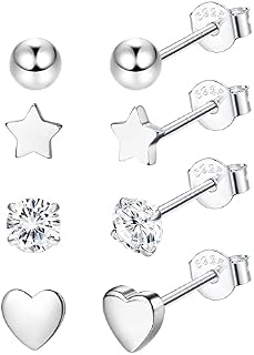 LOLIAS 4 Pairs Solid 925 Sterling Sliver Stud Earrings Set for Women Men Tiny Small Ball Heart Star Cubic Zirconia Earrings Hypoallergenic Cartilage Helix Ear Piercing Earrings
