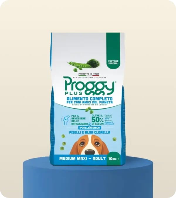 Proggy Plus Cibo Completo per Cani Adulti Taglia Media-Grande, Piselli e Alga Clorella, 10kg, Proteine Vegetali