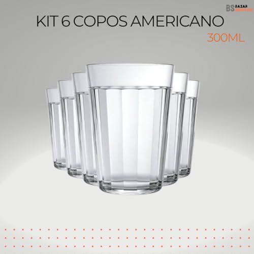Jogo 6 uni Copo Americano 300ml de Vidro Agua Cerveja Bar