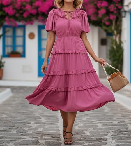 Image of Women's Short Sleeve Summer Boho Pleated Rayon Mid Dresses with Pockets for Wedding Guest
