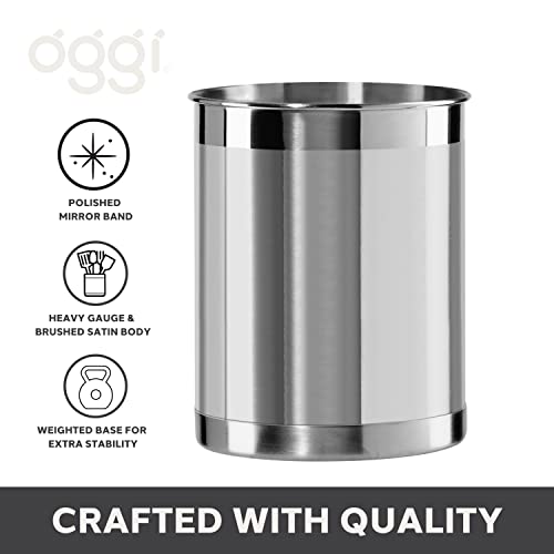 Oggi Stainless Steel Utensil Holder - 5" Diameter, Utensil Caddy, Weighted Base for Stability - Larger-Sized Utensil Crock and Countertop Utensil Organizer, Stainless Steel - Image 4