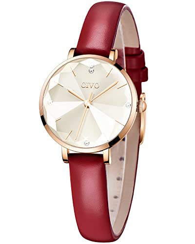 CIVO Montre Femme 28mm Mode Minimaliste Montre Etanche Femme Analogique Quartz Montre Bracelet Cuir Rouge Classique Cadeaux pour Femmes Filles Dames Cover