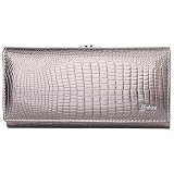 Karoukee Portefeuille en Cuir Verni Brillant pour Femme, Porte Monnaie Élégant avec Texture Croco, Porte Cartes avec 8 Fentes pour Cartes | Poche Fermoir Bisou, Compatible Téléphone 6,3