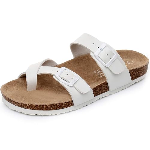 Image of WTW Cork Footbed Womens Sandals Genuine Leather Insole Slides Sandals for Women Adjustable Buckle Summer Sandals Outdoor Walking