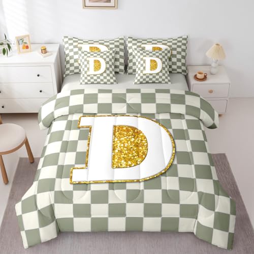 Image of Erosebridal Sage Green Checkered Queen Comforter Set with Sheets 7 Piece Plaid Initial D Bed in A Bag Personalized Monogram Bedding Sets for Kids Adults,Fashion Grids Gingham Bed Set